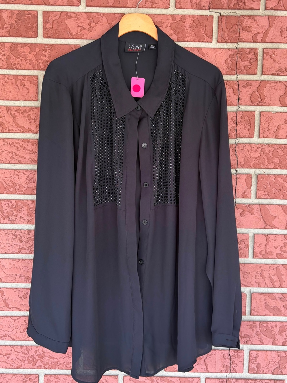 Joan Rivers Black Long-Sleeve Button-Down Blouse with Beaded Panels